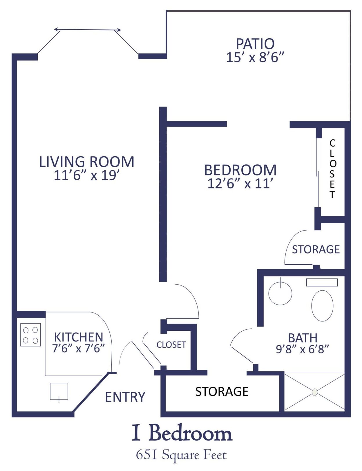 Deluxe one-bedroom apartment with patio, full kitchen, and spacious living area at Horton Plaza retirement community