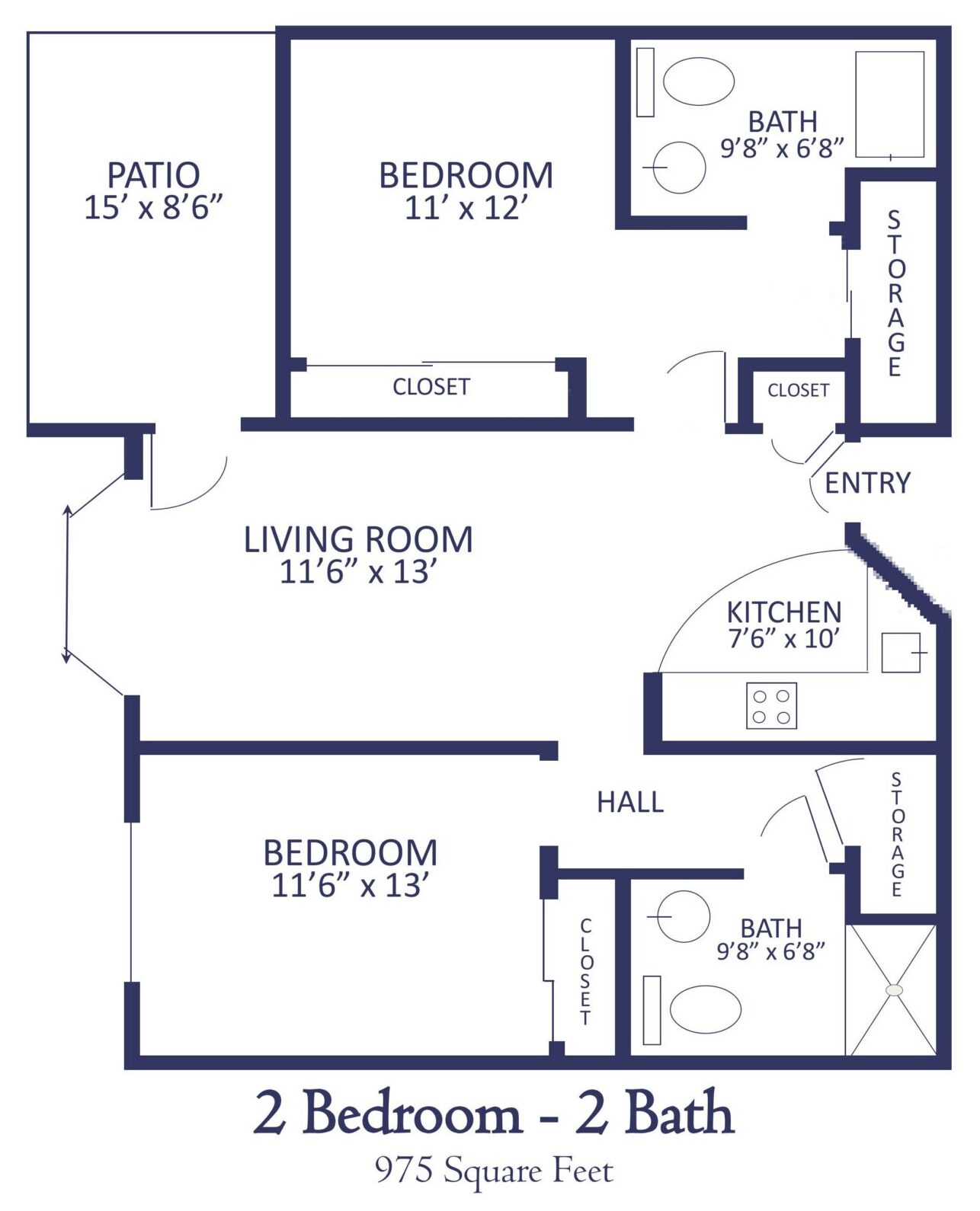 Deluxe two-bedroom apartment with patio, kitchen, and flexible floor plan at Horton Plaza senior community in Medford, OR