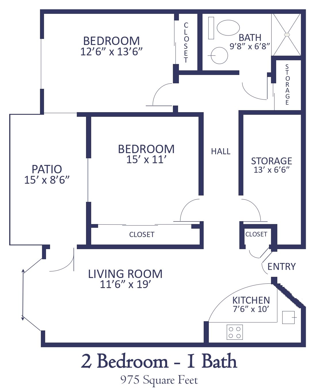 Standard two-bedroom apartment with patio and kitchen at Horton Plaza senior housing in Medford, OR